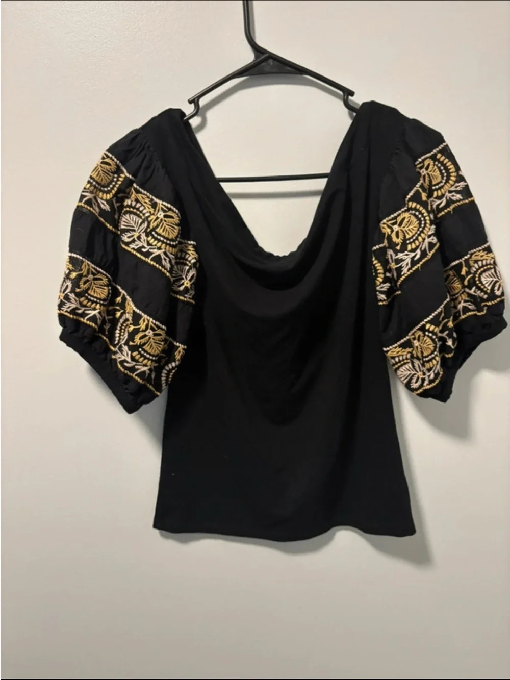 Free People Black Top with Gold Embroidered Puff Sleeves